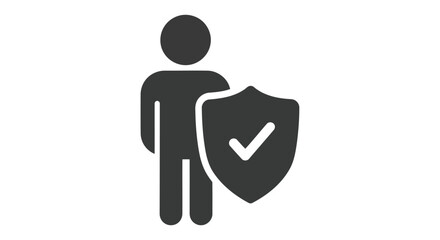 Person standing next to a shield with a check mark isolated on white background