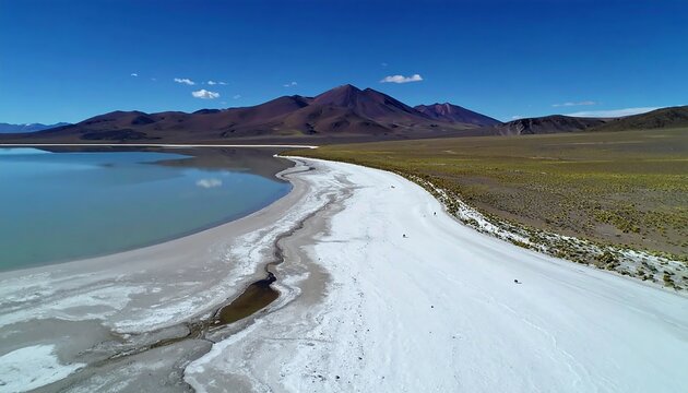 Stunning aerial view of Laguna Colorada's white shores and majestic mountains