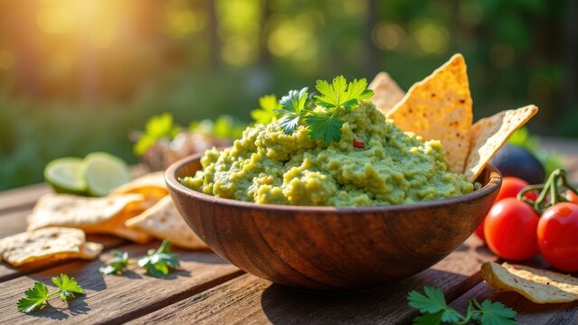Fresh guacamole in wooden bowl with tortilla chips and cherry tomatoes on rustic table - Powered by Adobe