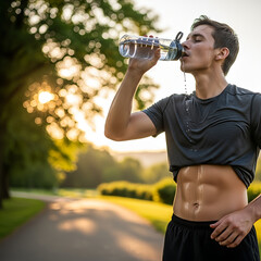 Fit Man Drinking Water from Bottle in Park After Workout at Sunset