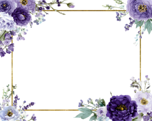 Elegant floral border with purple and white flowers and a golden geometric frame isolated on transparent background isolated on white background