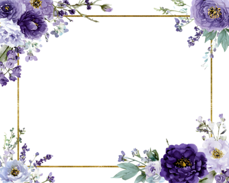 Elegant floral border with purple and white flowers and a golden geometric frame isolated on transparent background isolated on white background