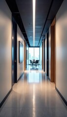 Empty modern office corridor leading to meeting room , minimalist design, hallway, modern