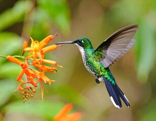 Fototapeta premium Hummingbird in flight near orange flower