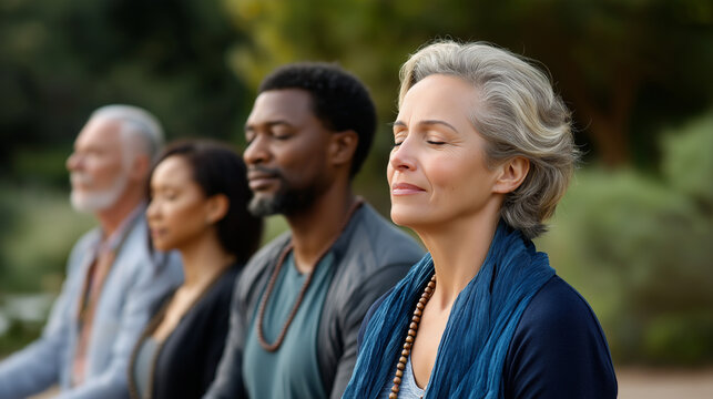 Mature Multicultural People Meditating in a Peaceful Park