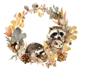 Charming watercolor autumn wreath featuring a raccoon and owl surrounded by fall foliage isolated on white background isolated on transparent background