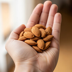 Hand holding a pile of fresh raw almonds on an isolated white background, symbolizing healthy eating and natural snacks.