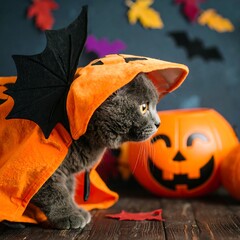 Grey cat in Halloween costume