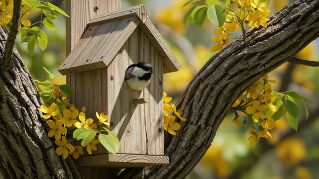 A cute black-capped chickadee peeks out of a wooden birdhouse that is nestled in a tree branch with beautiful yellow flowers during the spring nesting season

