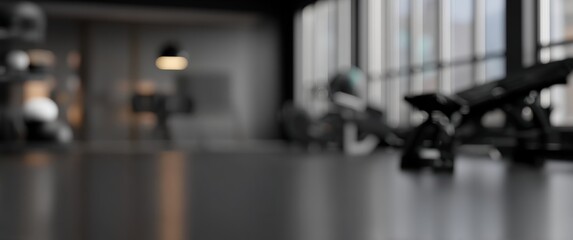 Blurred view of gym interior with exercise equipment, creating an abstract and atmospheric background
