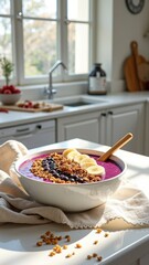 Vibrant breakfast smoothie bowl with fresh fruits and granola in sunlit kitchen