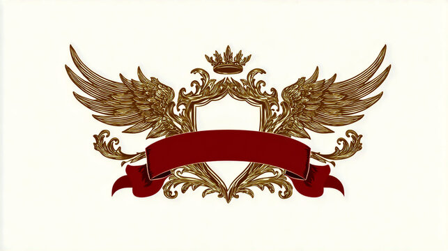 A vector graphic design featuring an elegant, stylized shield with golden wings and crown elements on the sides, with a red ribbon at the bottom for text space