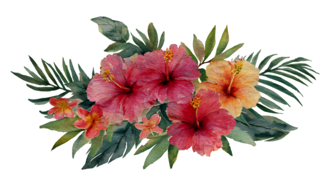Vibrant watercolor painting of a tropical hibiscus flower bouquet with lush green palm leaves isolated on a black background isolated on white background isolated on transparent background