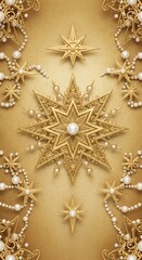 Gold Star and Pearl Ornaments on Golden Background