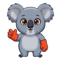 Obraz premium Cheerful cartoon koala with orange gloves giving a friendly wave isolated on white background