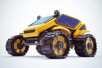 Solar-powered electric farming robot with soil sensors for precision agriculture, white background.
