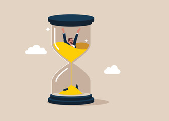 Crisis. Businessman drowned in quicksand hourglass. Time management. Flat vector illustration
