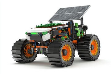 Solar-powered electric farming robot with soil sensors for precision agriculture, white background.