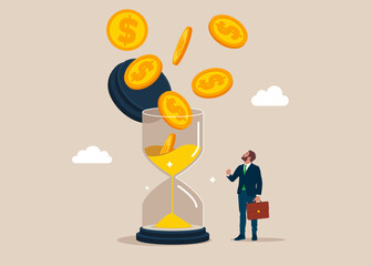 Open glass sand clock to see Golden Coins. Value of money increases over time. Savings, Collecting Money in Account, Open Bank Deposit. Analyzing optimization, monitoring, task management. Vector 