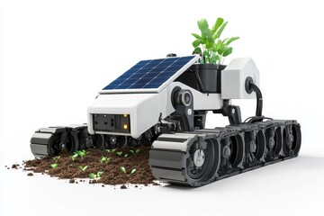 Solar-powered electric farming robot with soil sensors for precision agriculture, white background.