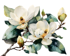 Beautifully rendered watercolor painting of delicate white magnolia flowers and buds on a dark background isolated on white background isolated on transparent background