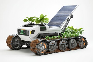 Solar-powered electric farming robot with soil sensors for precision agriculture, white background.