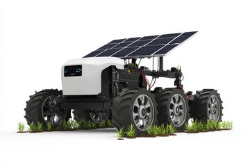 Solar-powered electric farming robot with soil sensors for precision agriculture, white background.