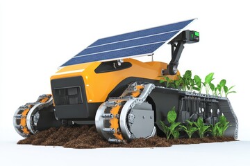 Solar-powered electric farming robot with soil sensors for precision agriculture, white background.
