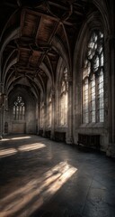 Fototapeta premium Sunlit Gothic hall, stone walls, arched ceiling, stained glass windows casting long shadows on the floor