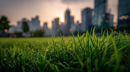 Urban Sunrise Over Dewy Grass
