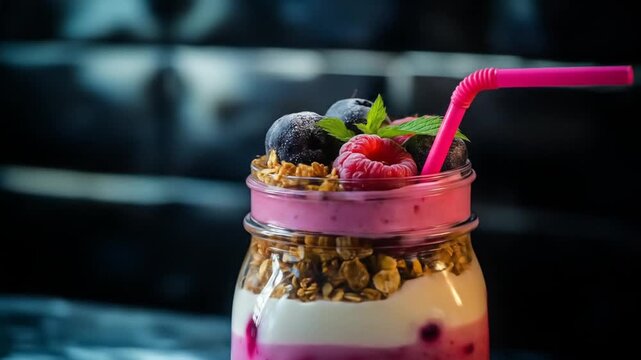Layered smoothie parfait in a jar