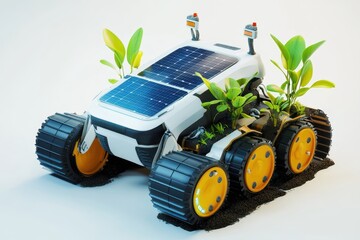 Solar-powered electric farming robot with soil sensors for precision agriculture, white background.