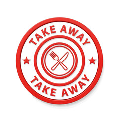 Bold Red 'Take Away' Round Label with Cutlery Icon – Perfect for Restaurant and Food Delivery Concepts
