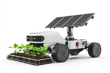 Solar-powered electric farming robot with soil sensors for precision agriculture, white background.