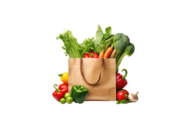 Paper Bag Overflowing With Fresh Vegetables. White or PNG Transparent Background.