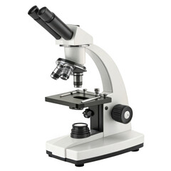 Modern white laboratory microscope with dual eyepieces and adjustable stage isolated on transparent background
