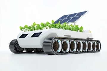 Solar-powered electric farming robot with soil sensors for precision agriculture, white background.