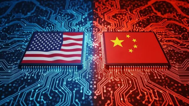 Two microchips with the flags of the usa and china face off on a circuit board symbolizing the technological cold war and semiconductor industry competition

