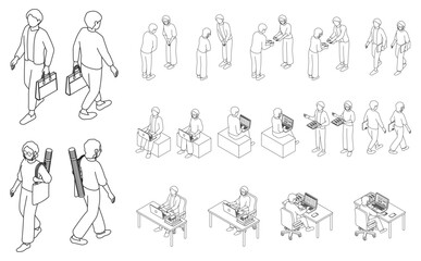 アイソメトリックイラスト：オフィスカジュアルアウトライン(モノクロ)2