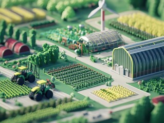 AI-controlled farming community with greenhouses, solar irrigation, and self-driving tractors on blueprints.