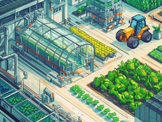 AI-controlled farming community with greenhouses, solar irrigation, and self-driving tractors on blueprints.