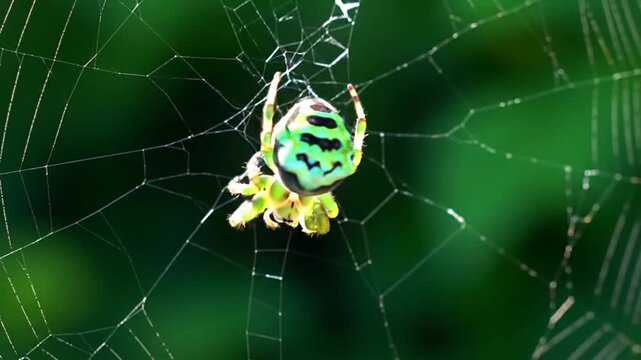 Green Orb Weaver A Vibrant Arachnid in its Silken Web, Master of Camouflage in Nature