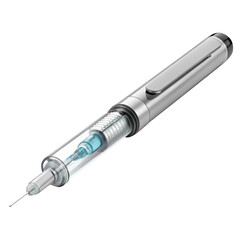 Modern silver syringe pen with clear liquid and fine needle isolated on transparent background