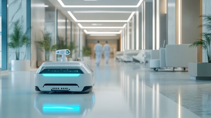 Autonomous robotic vehicle delivering medical supplies inside a modern, efficient hospital.