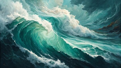 Dramatic emerald green ocean waves crashing with white foam