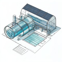 Axonometric blueprint of a solar desalination unit for remote farm use.
