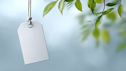 Blank tag hanging on tree branch, spring background, nature, marketing