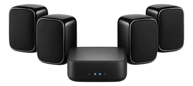 Wireless surround sound system with compact satellite speakers and central hub for living room audio