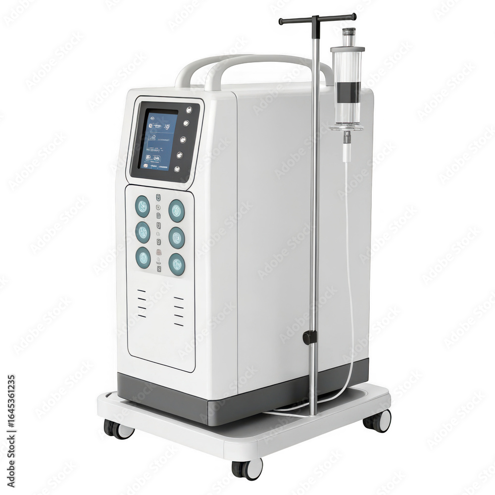 Poster modern medical infusion pump device with digital display and controls isolated on transparent backgr