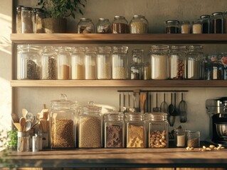 Cozy kitchen with glass containers of grains, nuts, and spices in soft morning light, warm tones.
